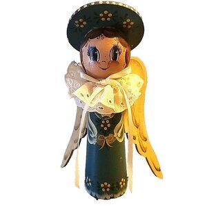 1981 Hand Painted Wooden Angel Folk Art Style Teal Cottage Core 6.25 Inches Tall